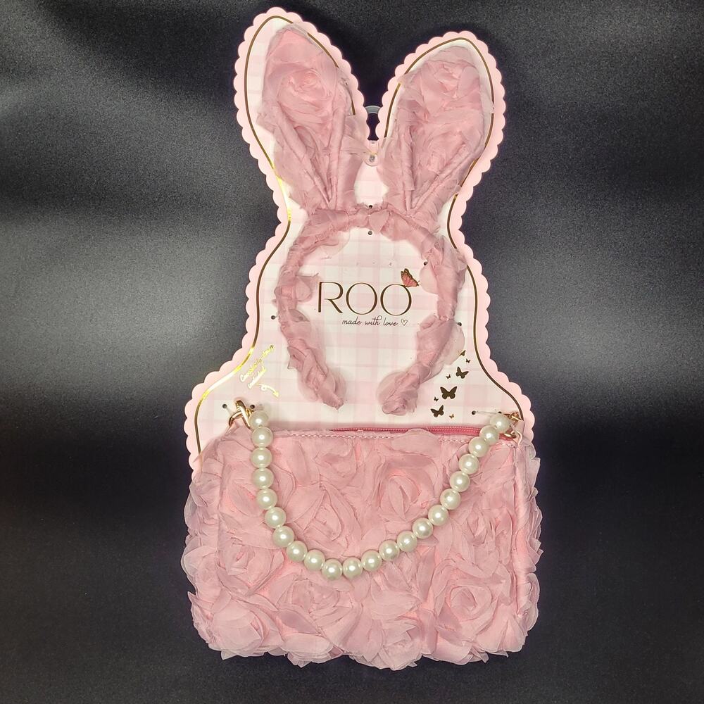 Girls Blush Pink Rose Easter Bunny Ears Headband & Handbag Pearl Strap Set NWT - Picture 1 of 6